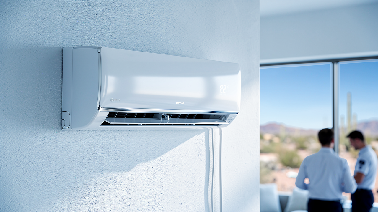 A clean, professionally installed air conditioning unit cooling a Phoenix home with desert views